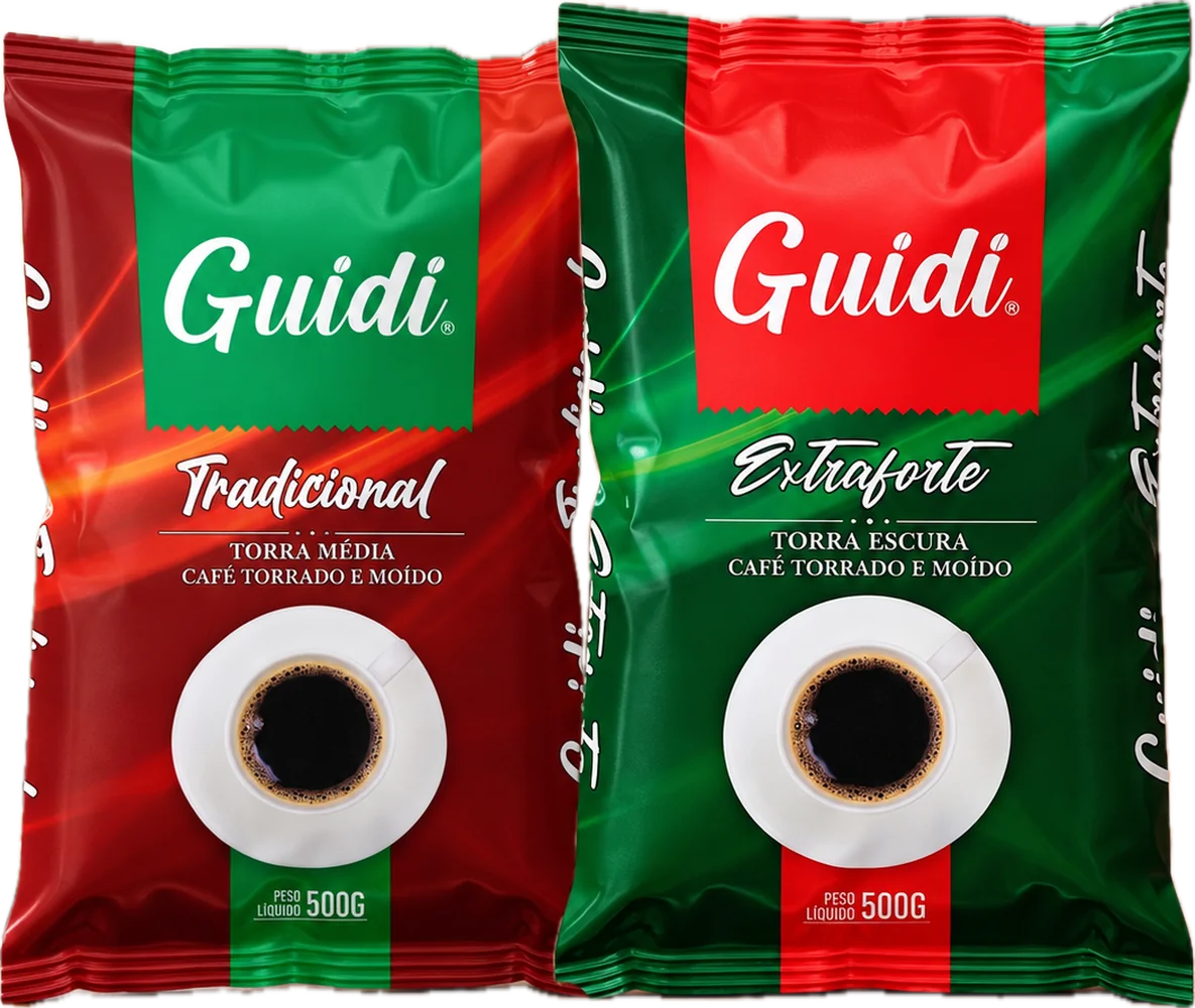 Pacotes de Café Guidi Tradicional e Extraforte 500 g, lado a lado