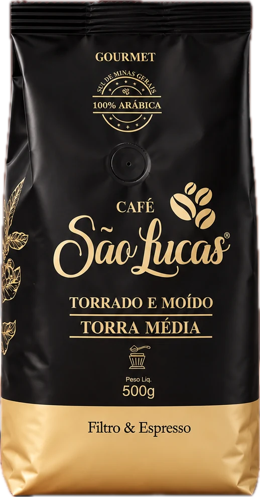 Pacote de Café São Lucas Gourmet 500 g, preto e dourado, de frente