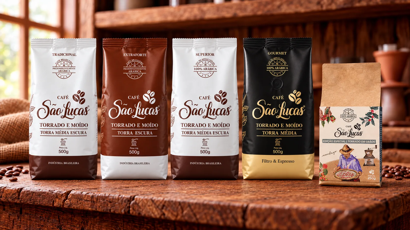 Linha Café São Lucas lado a lado: Tradicional, Extraforte, Superior, Gourmet e Edição Especial